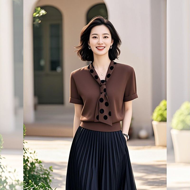 Mature and Elegant Design Red Short-Sleeved T-Shirt 2025 Women's Spring and Summer New Style Mother's Top Trendy Coffee Color