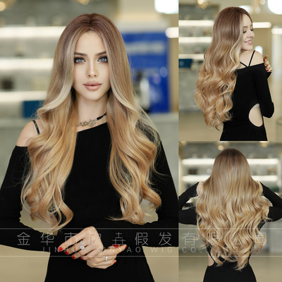 wig golden brown curly hair fashion temperament gradient female wigs high-temperature wavy hair wigs