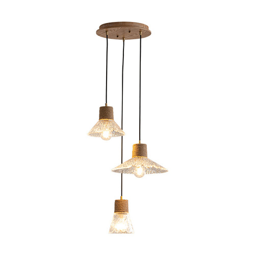 Japanese style log wind glass chandelier restaurant bar window small chandelier commercial three-head hemp rope disc dining chandelier