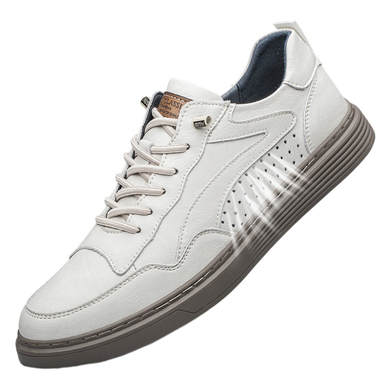 Otoño verano hombres zapatos de punta redonda superficie de piel de vaca transpirable nueva perforación casual zapatos blancos bajo la zapatilla de deporte superior
