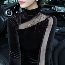 丝绒半高领打底衫女设计感网纱拼接气质女装上衣2025秋季新款女装