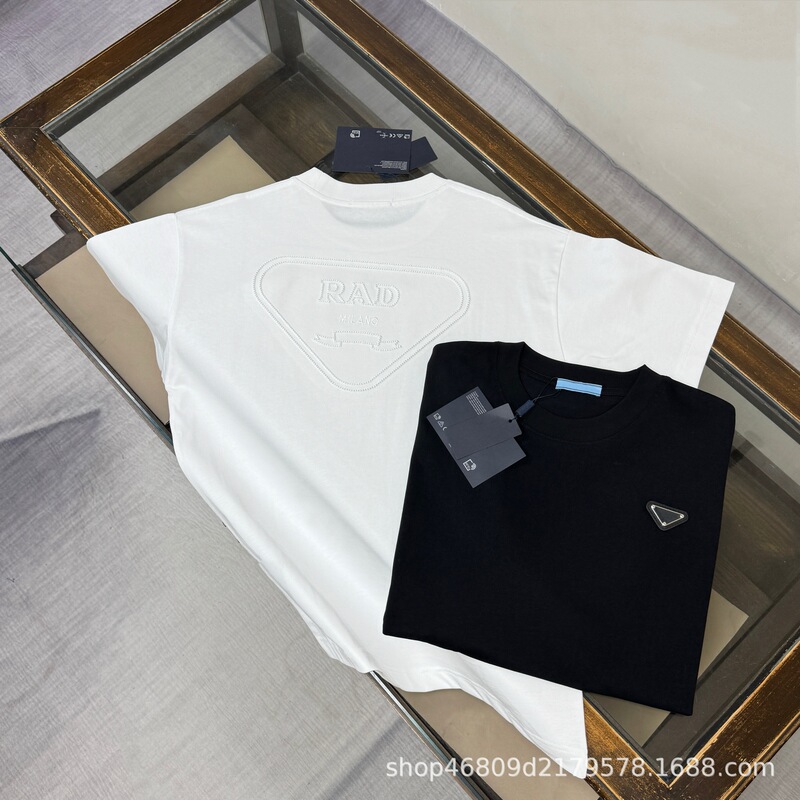 High-End P Brand Men's Short-Sleeve Pure Cotton Trendy Loose T-Shirt with P Brand Triangle Logo, Simple Short-Sleeve T-Shirt for Men and Women, Summer