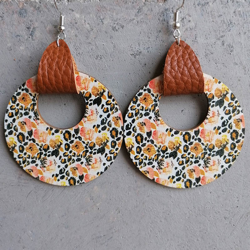 Casual Bohemian Round Flower Leopard Pu Leather Wood Steel Hollow Out Women's Drop Earrings display picture 3