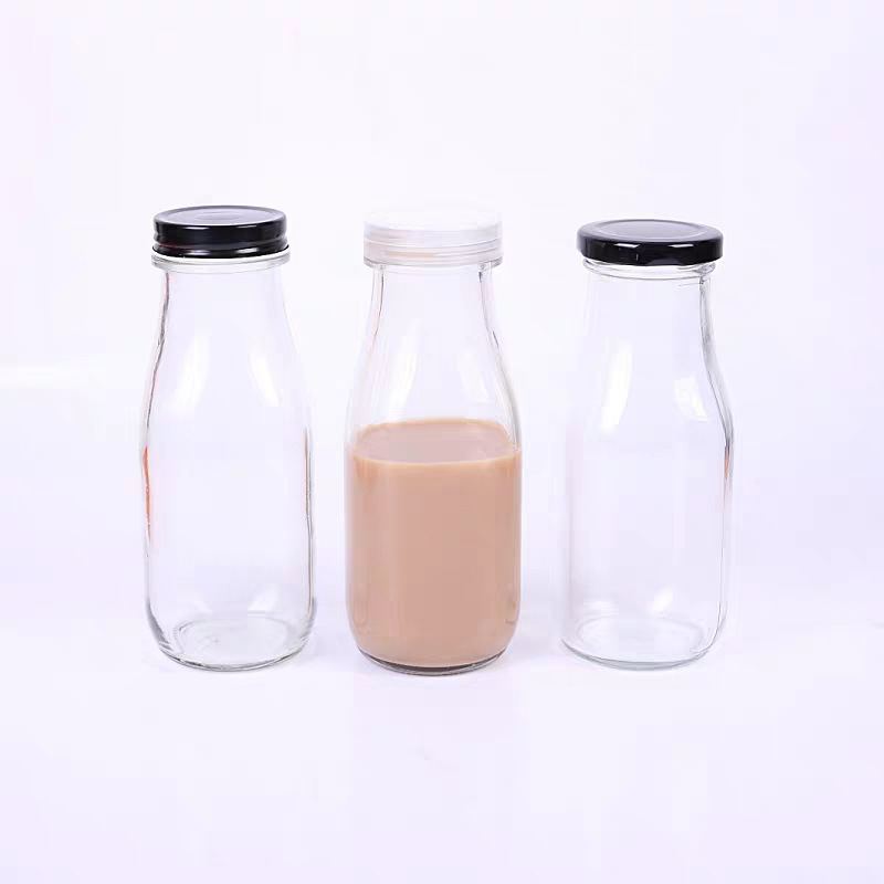 方圆牛奶瓶透明玻璃瓶酸奶咖啡果汁酵素通用300丝口螺口现货批发