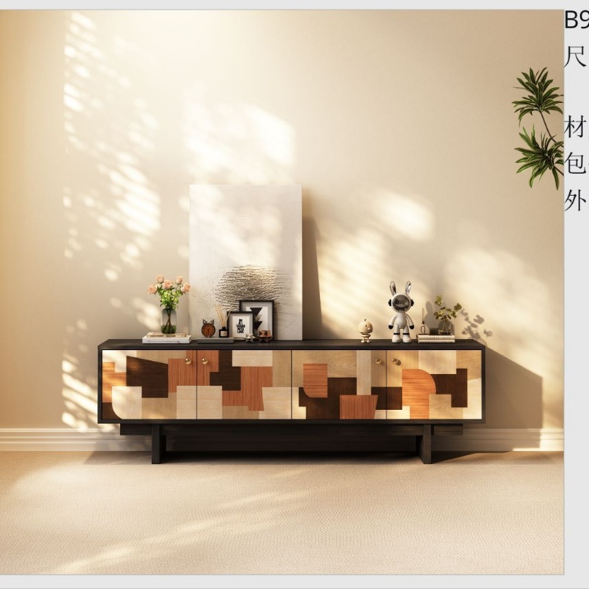 Solid Wood Mid-Century Style Tv Cabinet for Home Living Room Cabinet Modern Villa High-End Color Matching Storage Tv Cabinet