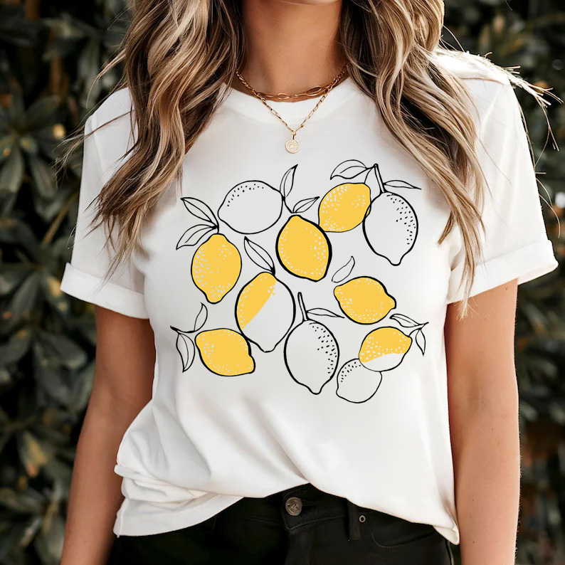 Cross-Border Export Supply Line Drawing Lemon Forest Style Printed Short-Sleeved T-Shirt for Women Amazon Casual Summer Loose