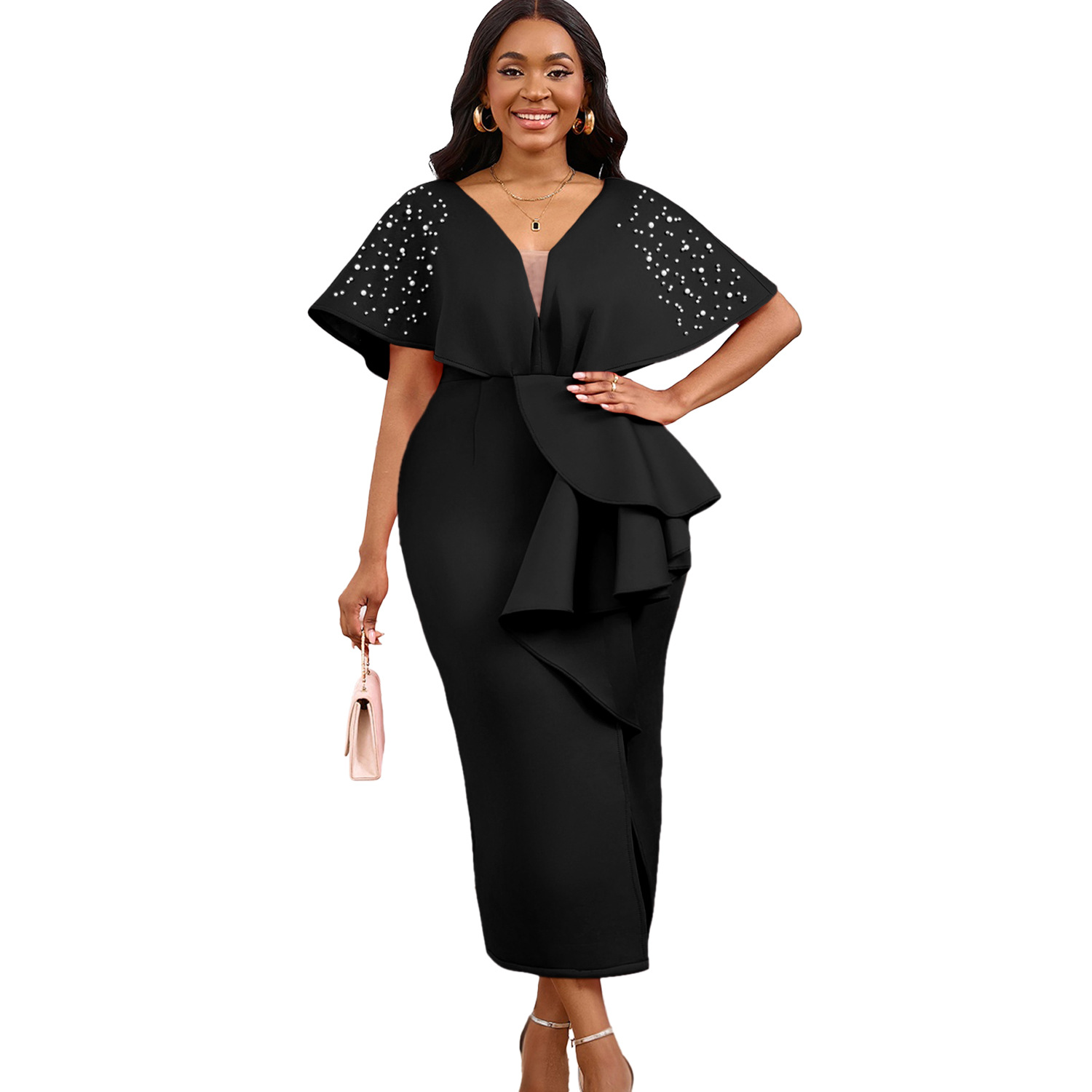 Robe de soirée sexy à col en V et à volants avec fente perlée, robe de banquet de tempérament de célébrité_voghion.com