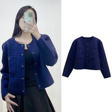 跨境女装秋冬女装法式小香风毛衣女上衣格纹圆领长袖短款针织外套