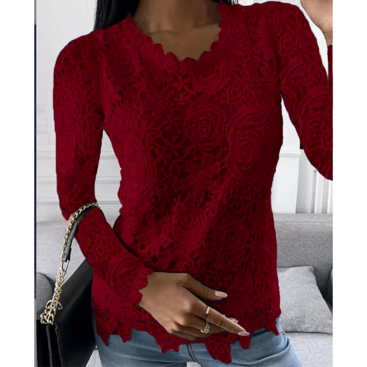 Frau Chiffon-shirt Lange Ärmel Blusen Spitze Mode Blume display picture 4