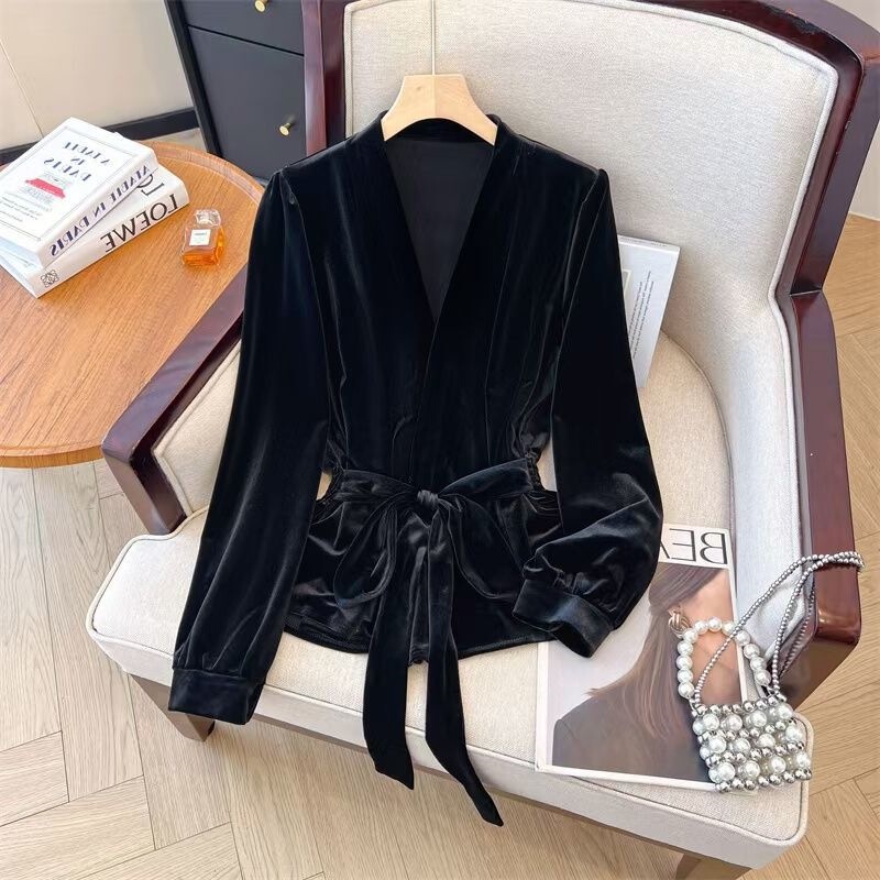 Pure Desire French-Style Long-Sleeved Velvet Shirt for Women, New Autumn and Winter Slim-Fit Tie-Up Shirt Pure Desire French-Style Long-Sleeved Velvet Shirt for Women, New Autumn and Winter Slim-Fit Tie-Up Shirt