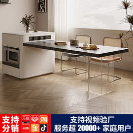小户型厨房实木岛台餐桌一体可伸缩长方形餐桌岩板多功能吧台桌