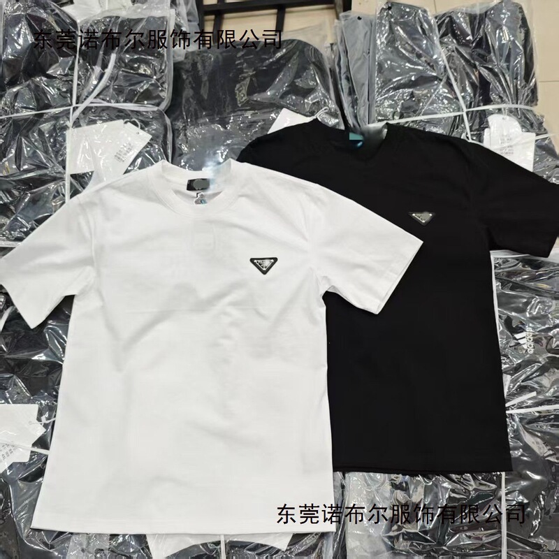 Cross-Border Pure Cotton Pujia 2025 Summer New Style High-End Version Short-Sleeve T-Shirt with Metal Triangle Logo for Men and Women
