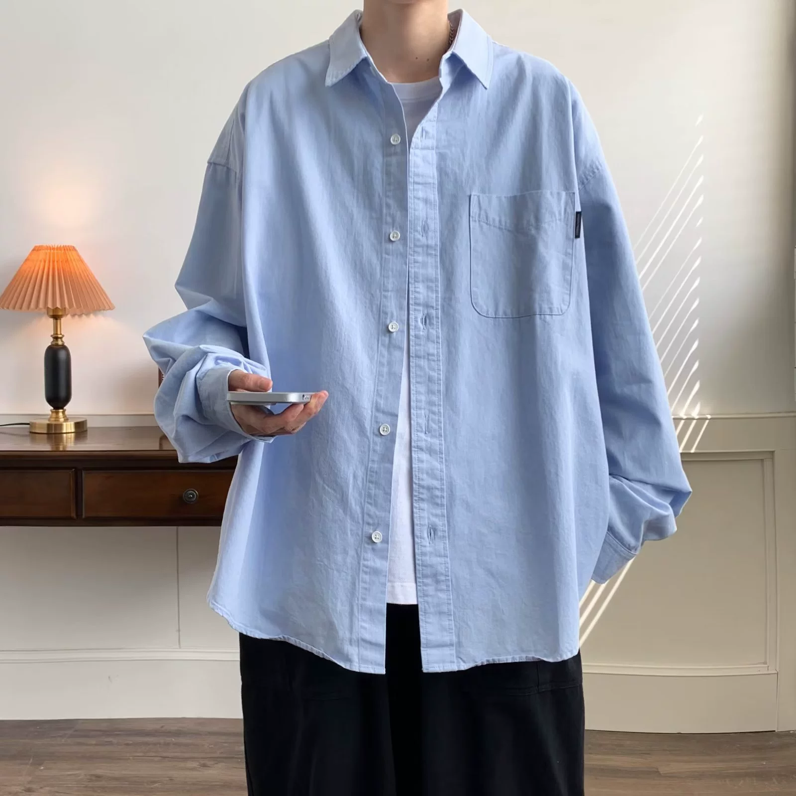 Blue Japanese Trend Spring Shirt, Loose-Fit Button-Down Top for Casual Everyday Wear, Breathable