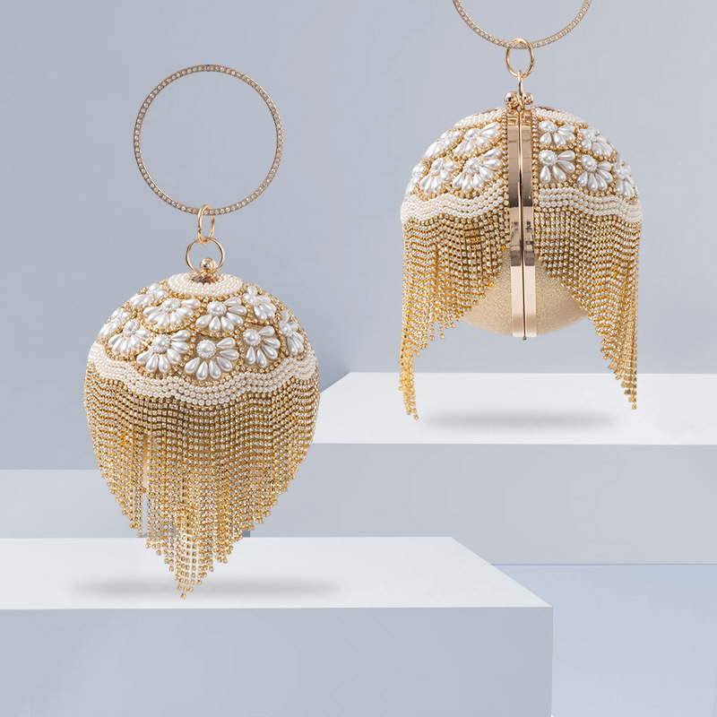 European and American Cross-Border New Tassel-Embellished Diamond-Encrusted Evening Clutch Versatile Dress Fashion Creative Spherical Handle Handbag