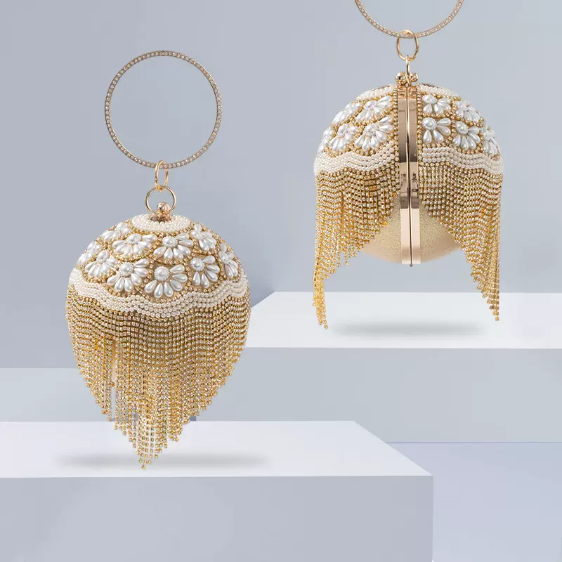 欧美跨境新品流苏镶钻宴会手拿包百搭礼服时尚创意球形提环手提包