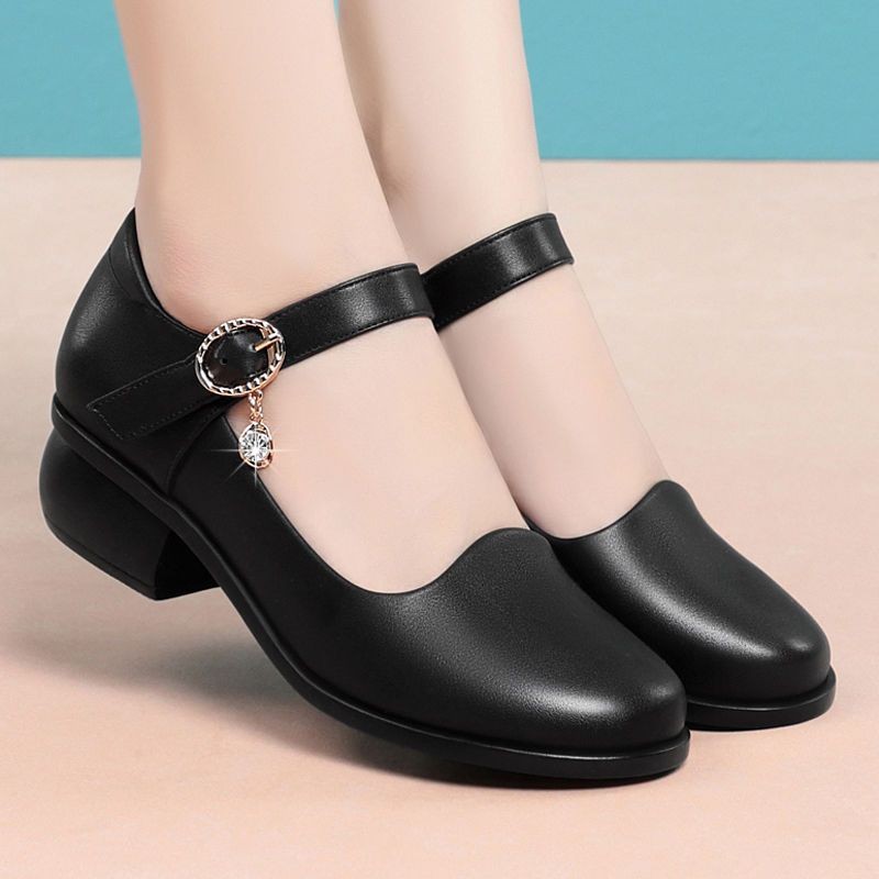 Mom's Shoes with a Single Buckle, Comfortable Soft Sole, Mid-Heel, Suitable for Wearing with a Qipao, Middle-Aged Single Shoes, Chunky Heel, Dance Shoes for Middle-Aged and Elderly Women, Leather Shoes