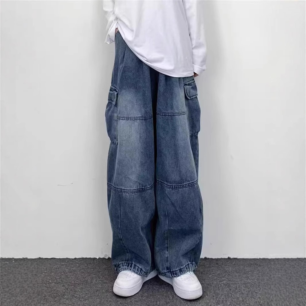 Lazy Vintage Tooling Wide-leg Jeans Men's Hong Kong Style Loose Oversize Big Pocket Retro Street Trousers_mkmklike.com