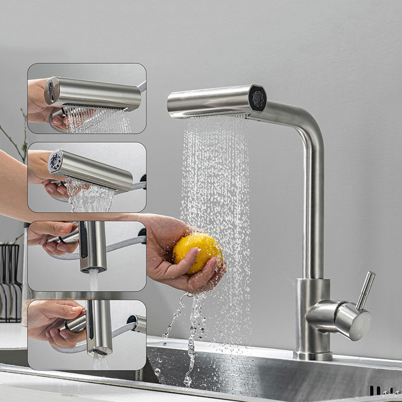 304 acero inoxidable tipo de extracción cocina caliente y fría volando agua de lluvia grifo lavabo lavabo lavabo lavabo telescópico giratorio