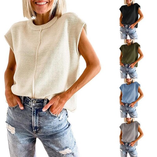 European and American-style women's sweater vest, 2025 early autumn new arrival, loose-fitting sleeveless crewneck knitted top for layering.