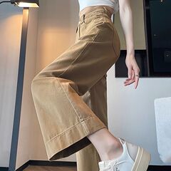 カーキ色の9分のデニムのワイドパンツの女性2025年秋の新型は足の小さい背の高い腰の狭い版のストレートパンツを遮ります。
