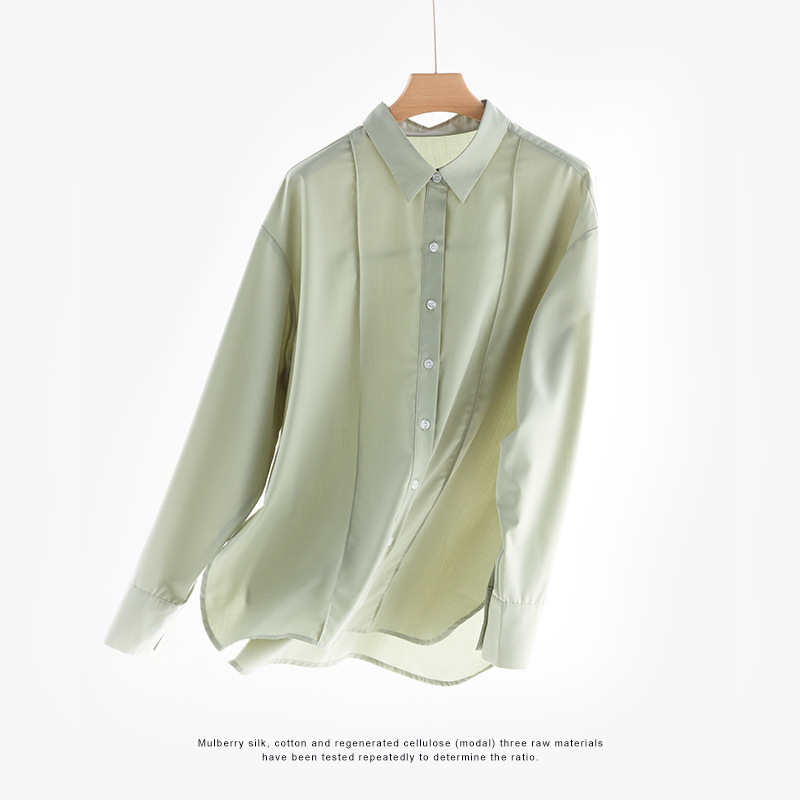 [Hengjia Cf] Cool and Iron-Free Long-Sleeved Shirt Morandi Color French Slit Shirt Slimming Look and Loose Women's Top