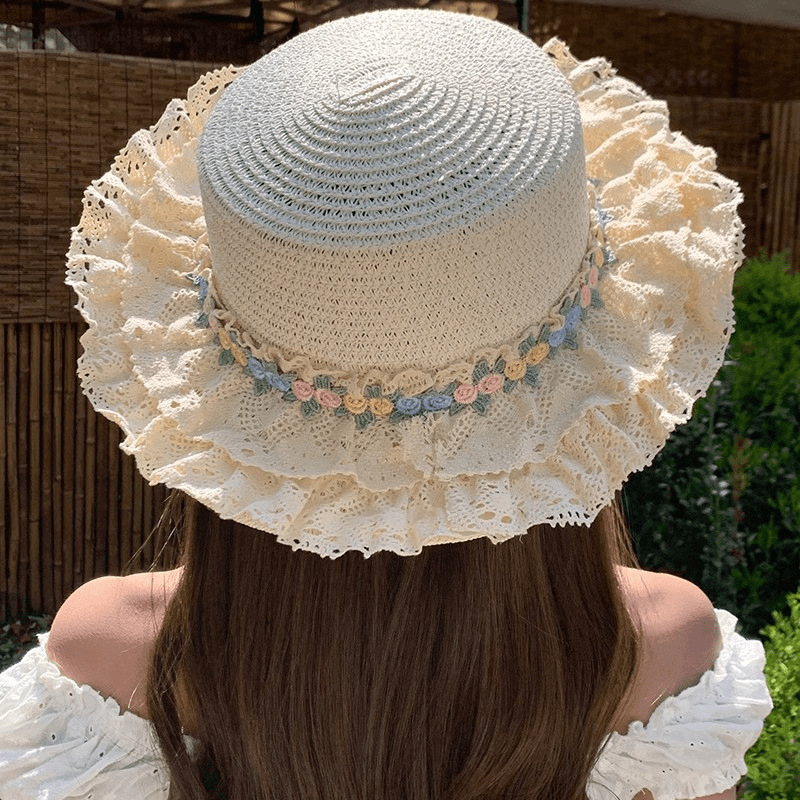 French Lolita Lace Hat Women's Outdoor Beach Sun Hat Anti-UV Shade New Summer Straw Hat
