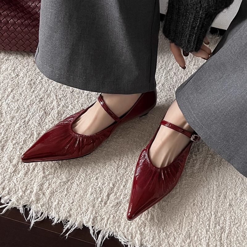 In Stock~ Sheepskin Pointed-Toe Mary Jane Shoes for Women 2025 Spring and Summer New Style with Thick Heel, Flat Heel and Shallow Mouth Single