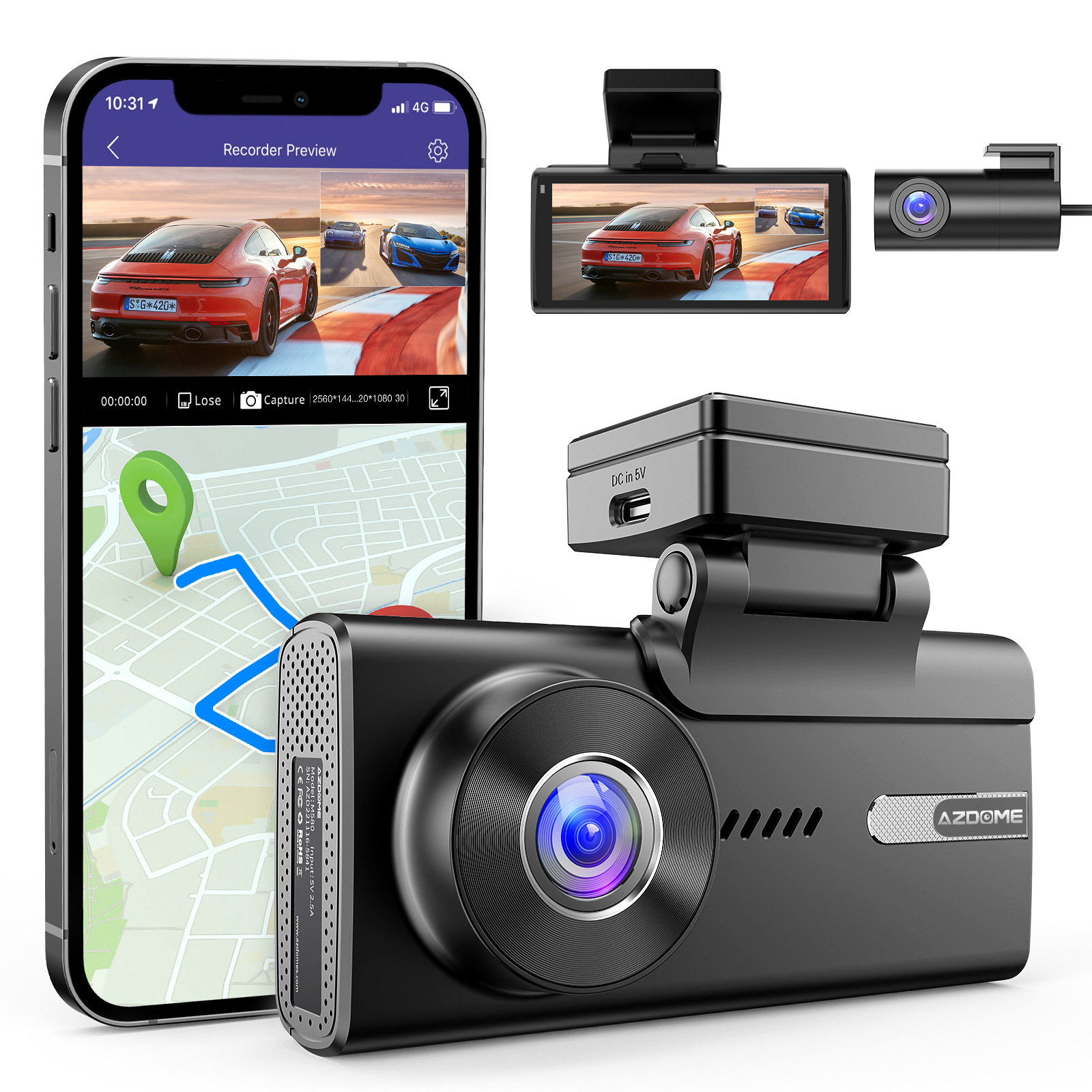 AZDOME行车记录仪手机WIFI互联GPS行车轨迹停车监控4寸触屏双镜头