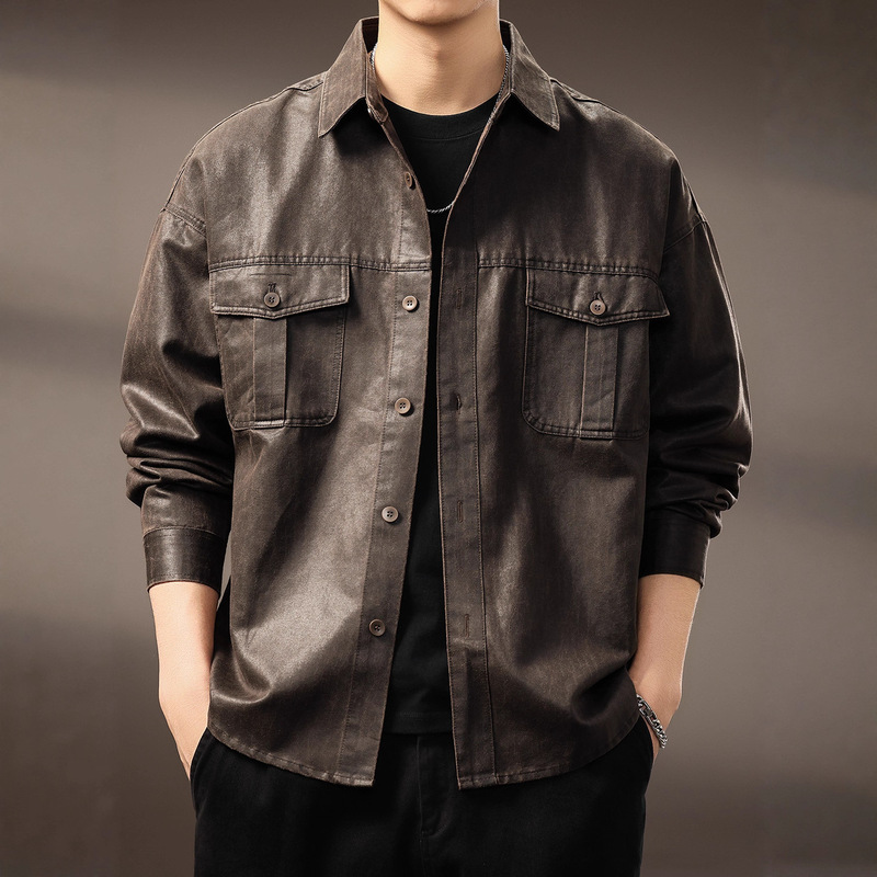 High-End American Retro Washed Pu Leather Shirt Men's Workwear Jacket Autumn Heavy-Duty Outdoor Motorcycle Jacket Men