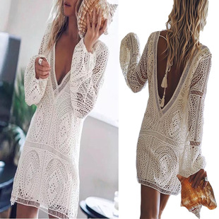 European and American Summer Export New Women's Dress Ebay Amazon Sexy Deep V Long-Sleeved Beach Dress