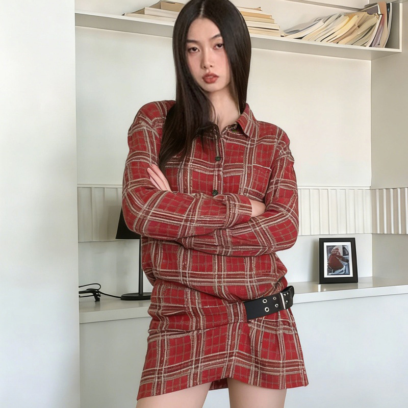 Dress for Women, Punk Flannel Long-Sleeved Belt Buckle Retro Red Plaid Casual Versatile Hot Girl Short Shirt Dress