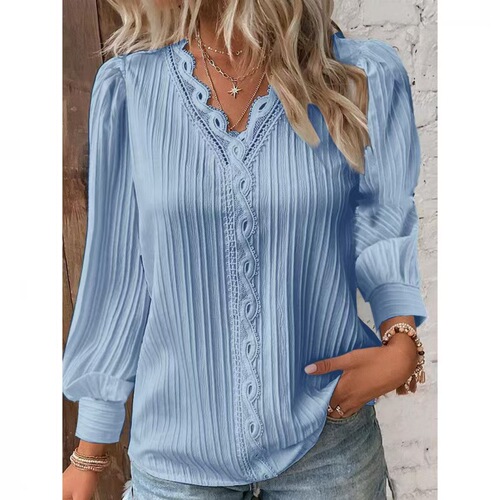 2025 Independent Station Wish Autumn Long-Sleeve V-Neck Lace Splicing Blouse Women's Shirt Women's Clothing