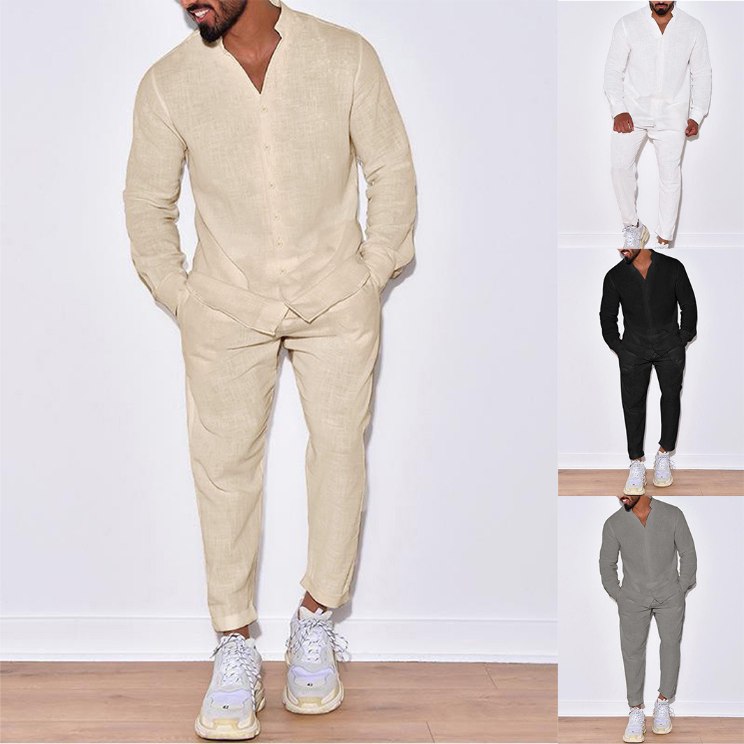 AliExpress 유럽 및 미국 해외배송 봄 가을 신상 남성 캐주얼 루즈핏 스포츠 면마 솔리드 컬러 긴팔 긴바지 세트