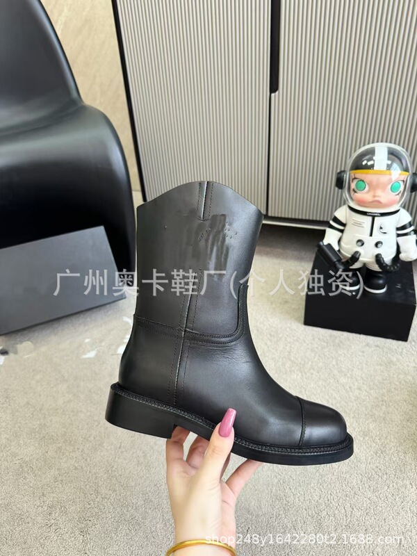 欧洲站2025新款小香风牛反绒粗跟厚底复古西部牛仔短靴切尔西靴|undefined
