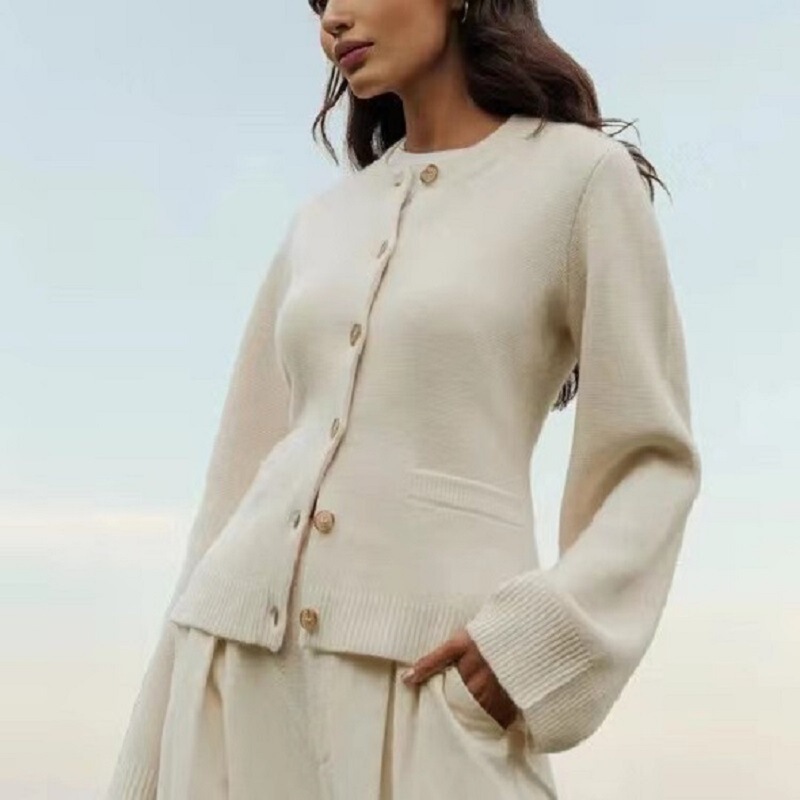 European and American Foreign Trade Cross-border Independent Station Knitted Cardigan Jacket Women's Lazy Style Waist Tight Crewneck Sweater Spring and Autumn Top European and American Foreign Trade Cross-border Independent Station Knitted Cardigan Jacket Women's Lazy Style Waist Tight Crewneck Sweater Spring and Autumn Top
