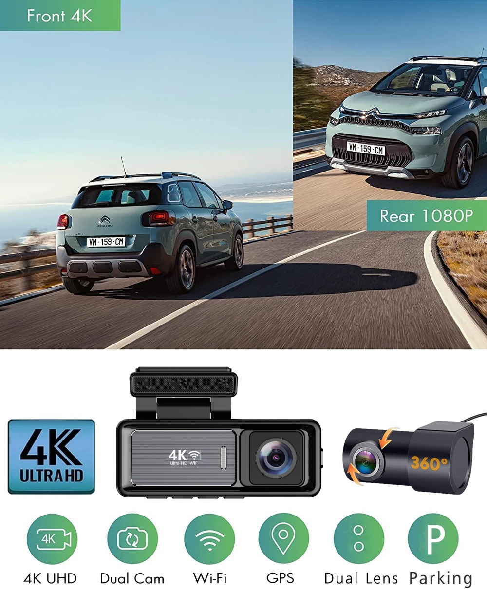 Cross-Border Hot-Selling 4K Dash Cam with Dual Front and Rear Recording, 3.2inch Wifi Mobile Phone Connectivity, and Gps Car Recorder