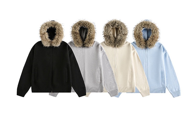 "Retro Detachable Faux Fur Collar Cardigan – Unisex Hooded Sweater Coat (Flower Gray/Black/Bluish/Apricot, S-XXL)"_viptrois.com