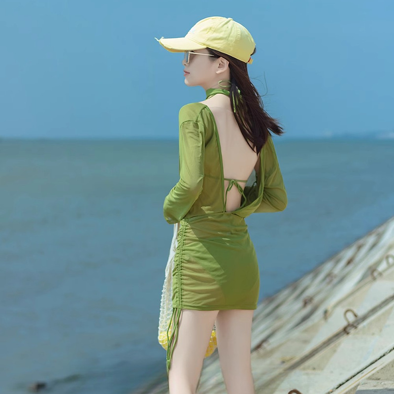 Elegante costume da bagno da donna stile dea, bikini a tre pezzi con maniche lunghe e coulisse, protezione solare in rete, sensazione di alta qualità._voghion.com