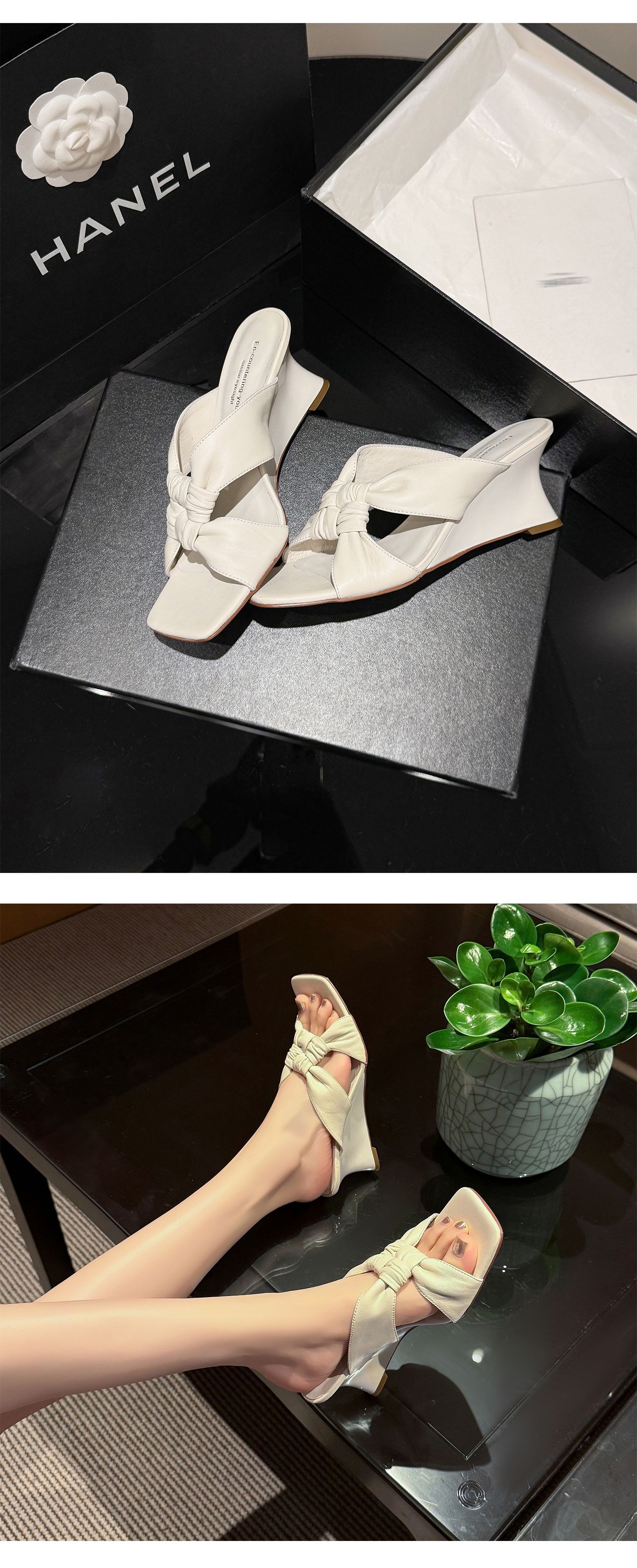 Sandal cao gót nữ mũi vuông hở ngón đế xuồng quai chéo — màu vàng, màu trắng ngà, bạc chi tiết 19