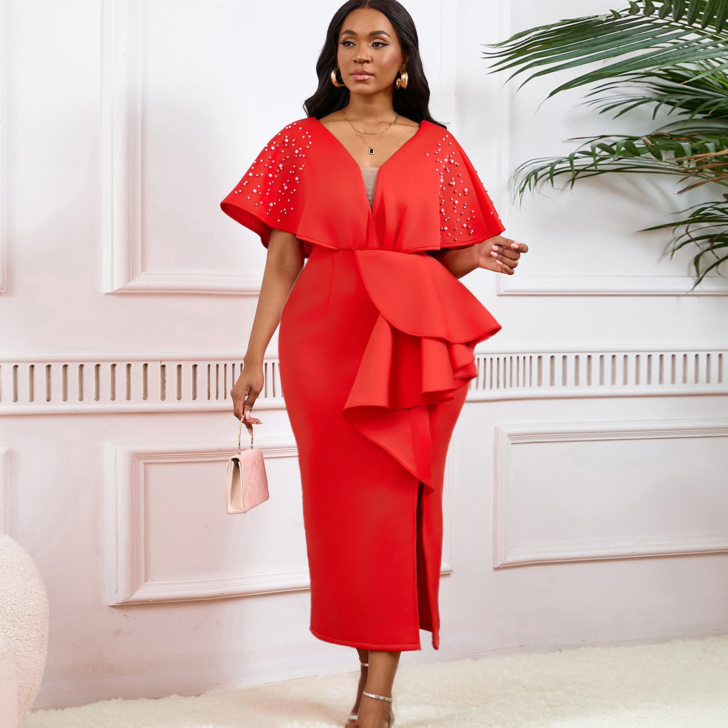 Robe de soirée sexy à col en V et à volants avec fente perlée, robe de banquet de tempérament de célébrité_voghion.com