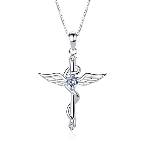S925 silver angel wings cross necklace European and American cross-border clavicle retro pendant gift fashion accessories