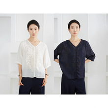 高定 100%苎麻日系V领刺绣花朵宽松休闲简约薄款中袖上衣早秋小衫