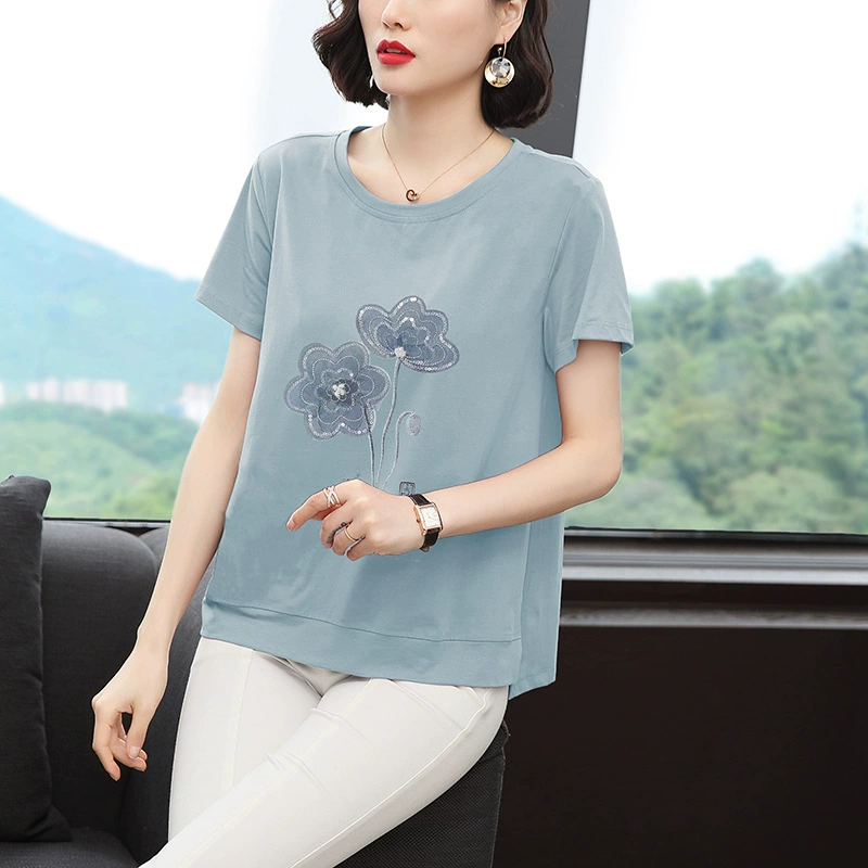 Футболка с круглым вырезом и короткими рукавами, женская летняя 2023, новый пуловер, Свободный Повседневный Топ больших размеров для матерей среднего возраста