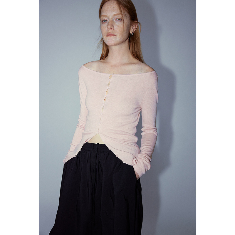 [Time Awareness] New Boat Neck Single-Row Multi-Button Cardigan Knitwear Micro-Elastic Slim Long-Sleeved Wool Top for Women V8141