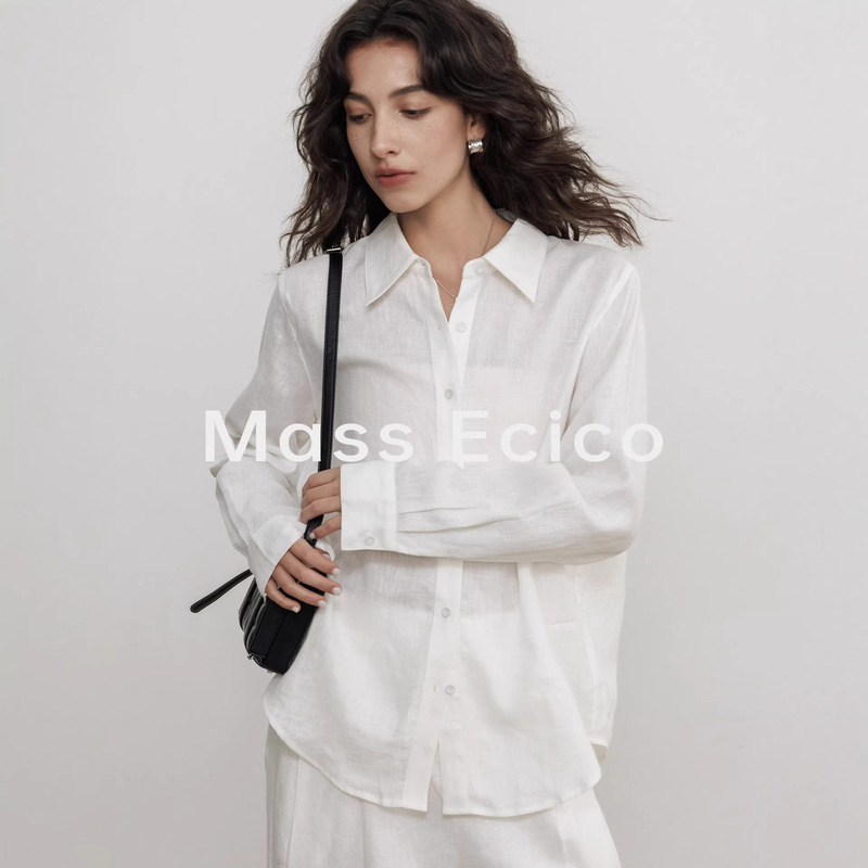 Mass Ecico Casual High-End White Shirt for Women 2026 New Style Linen Loose Slimming Commuter Elegant Top