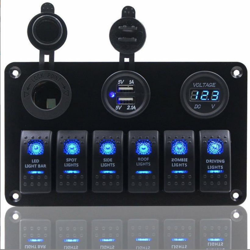 12V 6路船型开关组合面板 6位翘板开关面板 汽车游艇轮船开关面板