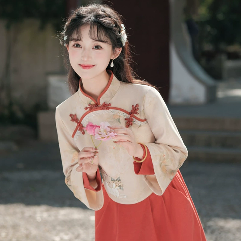 Настоящий снимок нового китайского замшевого костюма с вышивкой, Женская осень и зима, Новый китайский стиль ханьфу, костюм из двух частей