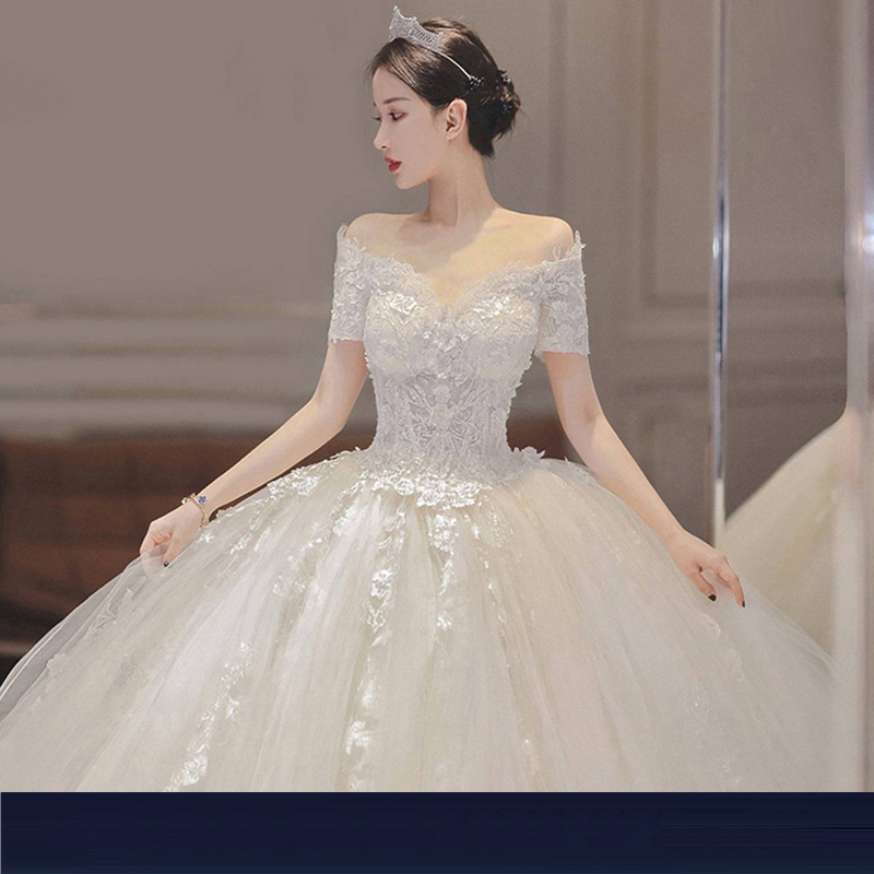 Vestido DE BODA ligero 2024 nueva novia fuera del hombro hasta el suelo adelgazamiento manga corta temperamento final Princesa Mori vestido de novia