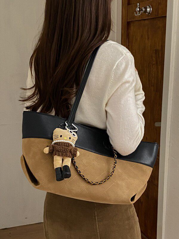 Túi tote nữ da PU cao cấp thiết kế tối giản dáng shopping bag dung lượng lớn đi làm — Màu vàng nâu không có mặt dây chuyền, Màu xanh lá cây không có mặt dây chuyền, Màu xám không có mặt dây chuyền, kaki không có mặt dây chuyền