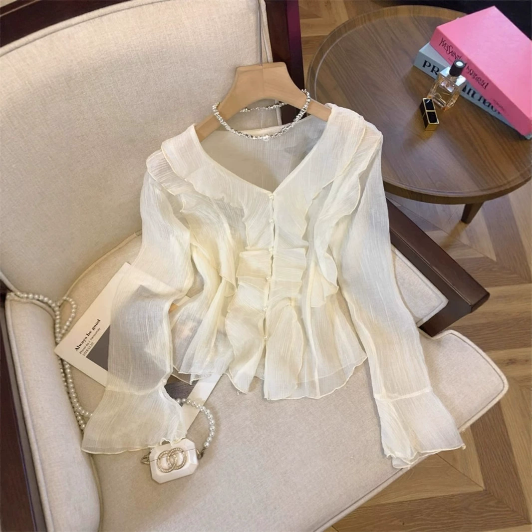 Французская сексуальная шифоновая рубашка с v-образным вырезом и длинными рукавами для женщин, весенне-осенний стиль, асимметричный дизайн, слегка прозрачный солнцезащитный топ